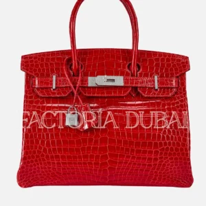 Hermes Rouge Braise Shiny Porosus Crocodile Birkin 30 18K White Gold and Diamond Hardware