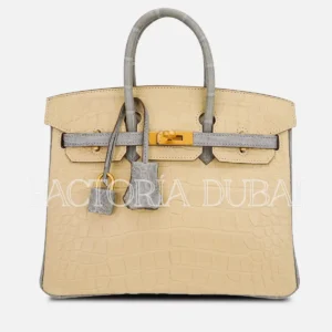 Hermes Special Order HSS Birkin 25 Bag in Matte Alligator Vanille and Gris Pearl Alligator Brushed GHW